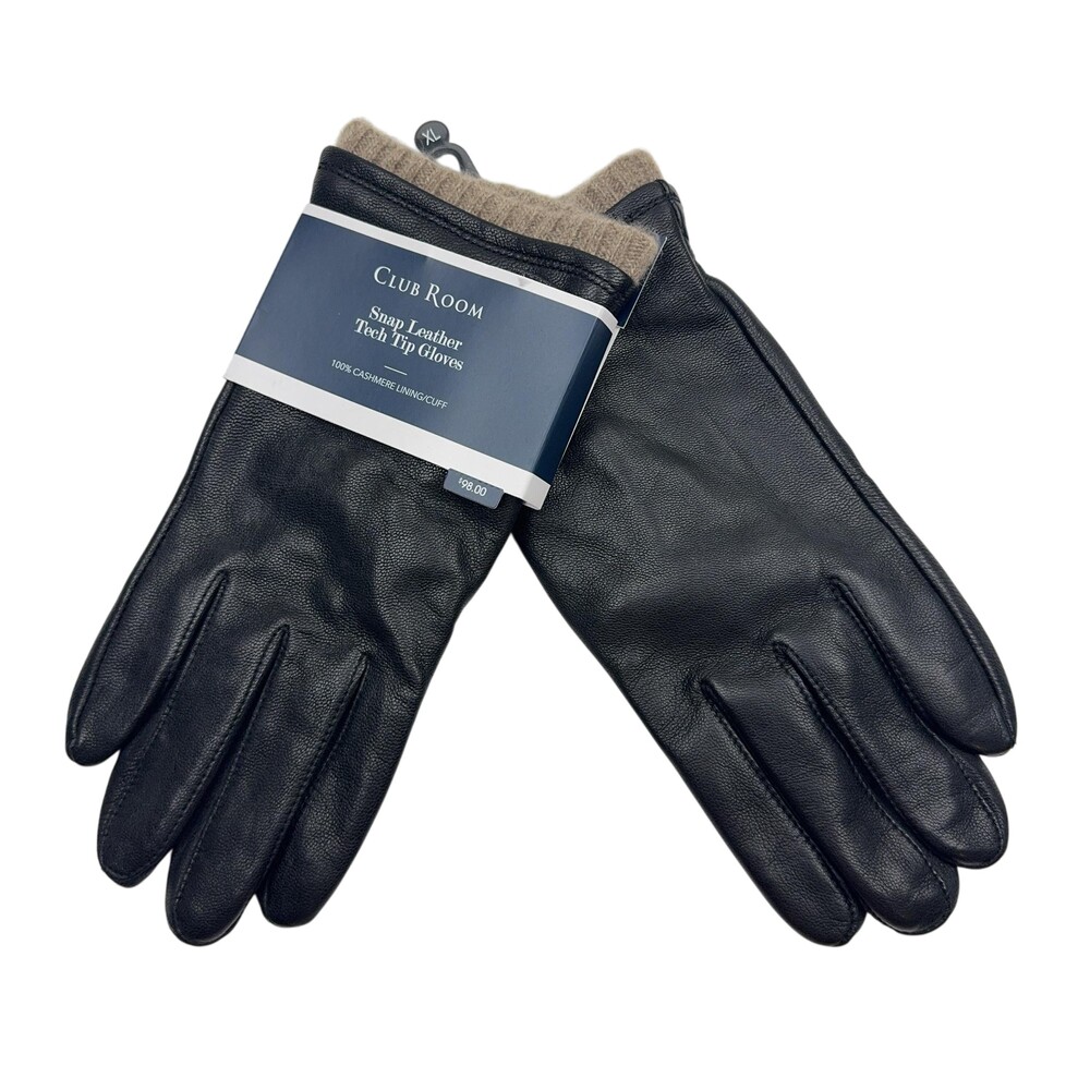 Club Room Snap Leather Tech Tip Gloves Mens XL Black Cashmere Lined Winter NWT